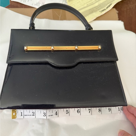 Vintage 1950s Crown Lewis Navy Patent Leather Bag with Gold Detail - Picture 10 of 12